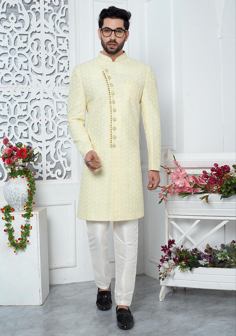 Yellow Embroidered Silk Indo Western Sherwani Set For Men