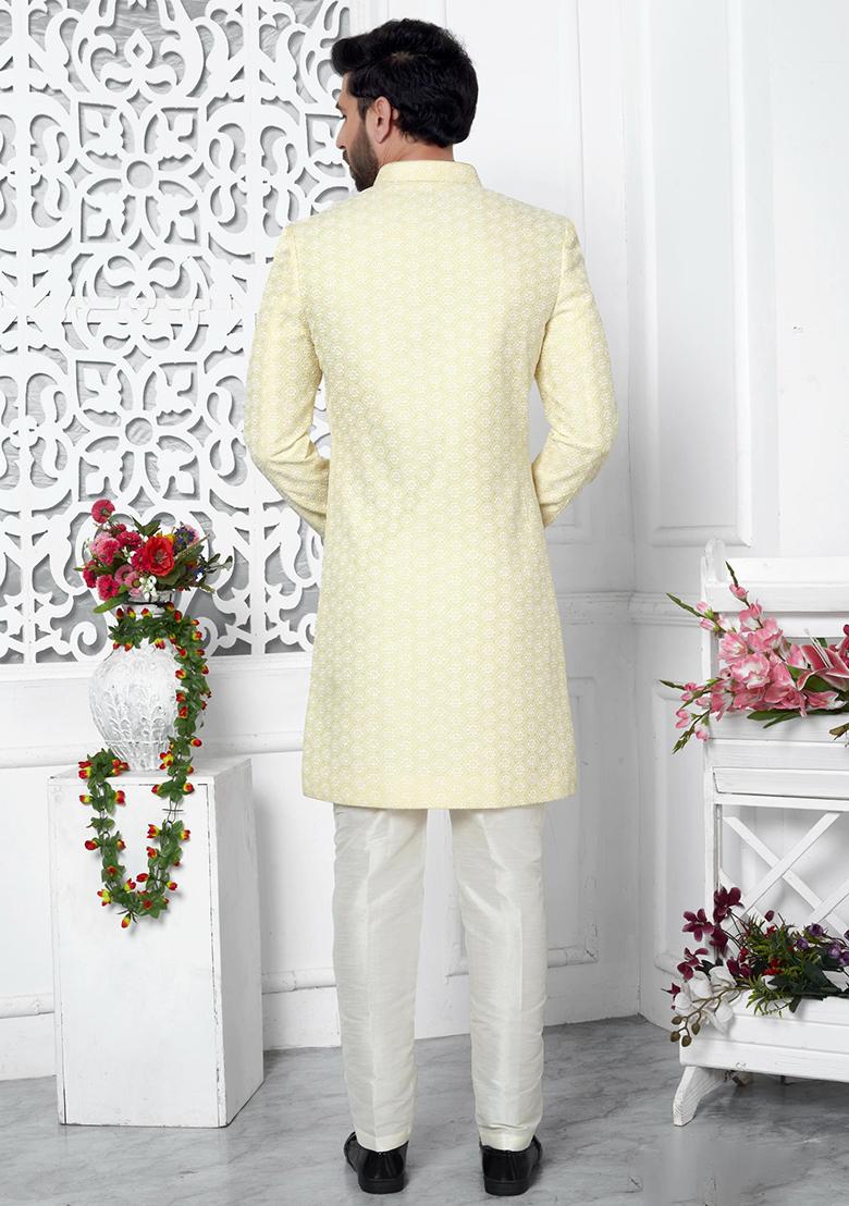 Yellow Embroidered Silk Indo Western Sherwani Set For Men