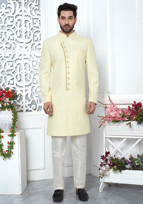 Yellow Embroidered Silk Indo Western Sherwani Set For Men