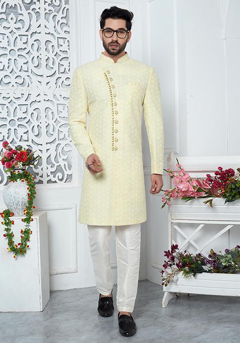 Yellow Embroidered Silk Indo Western Sherwani Set For Men