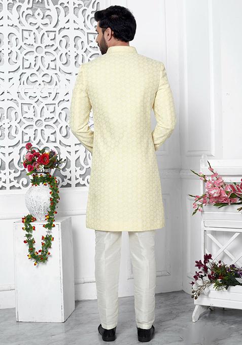 Yellow Embroidered Silk Indo Western Sherwani Set For Men