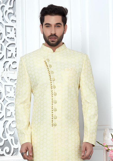 Yellow Embroidered Silk Indo Western Sherwani Set For Men