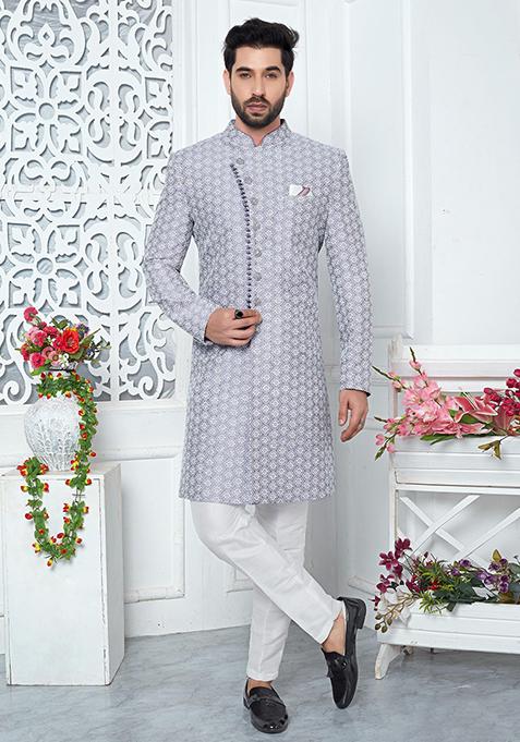 Purple Embroidered Silk Indo Western Sherwani Set For Men
