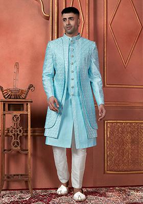 Sky Blue Embroidered Silk Indo Western Sherwani Set For Men