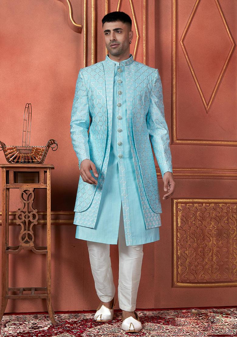 Sky Blue Embroidered Silk Indo Western Sherwani Set For Men