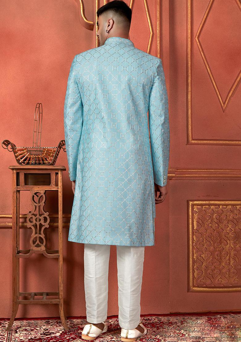 Sky Blue Embroidered Silk Indo Western Sherwani Set For Men