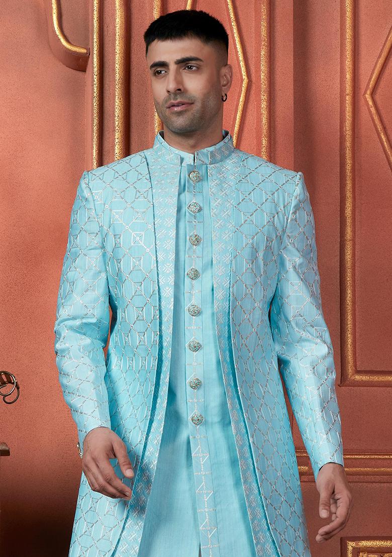 Sky Blue Embroidered Silk Indo Western Sherwani Set For Men
