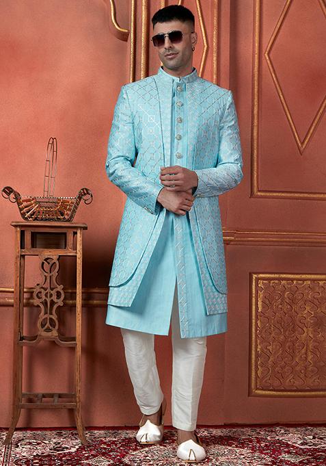 Sky Blue Embroidered Silk Indo Western Sherwani Set For Men