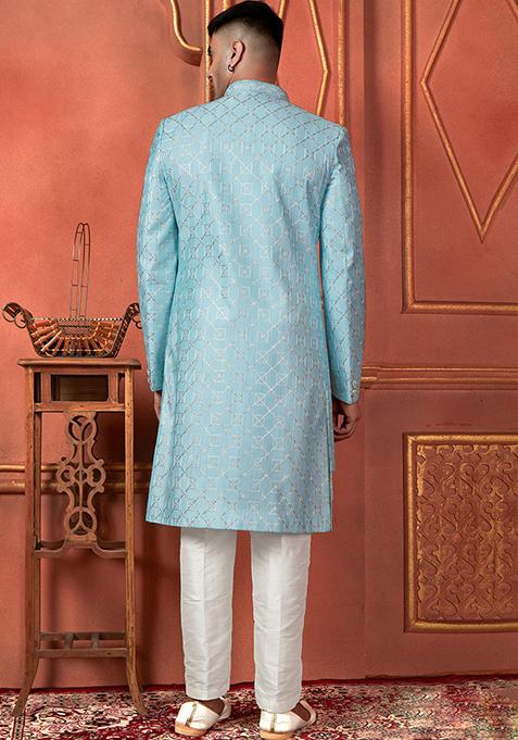 Sky Blue Embroidered Silk Indo Western Sherwani Set For Men