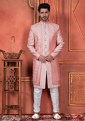 Pink Embroidered Silk Indo Western Sherwani Set For Men