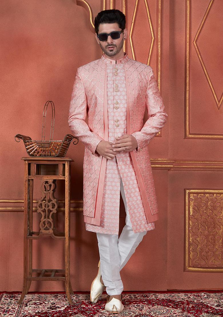 Pink Embroidered Silk Indo Western Sherwani Set For Men