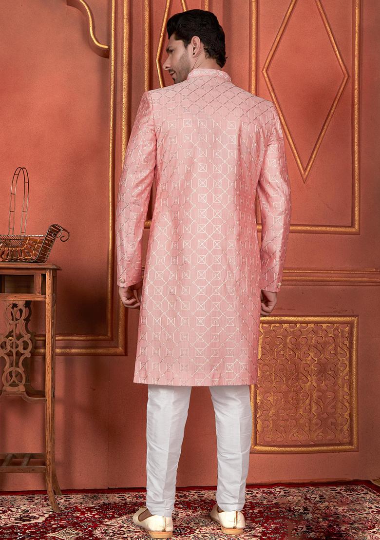 Pink Embroidered Silk Indo Western Sherwani Set For Men