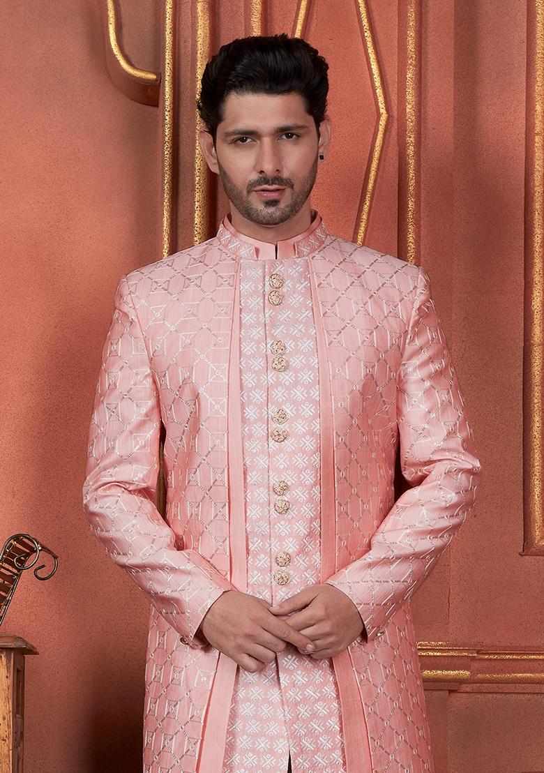 Pink Embroidered Silk Indo Western Sherwani Set For Men