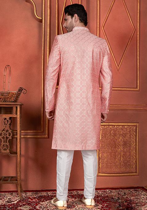 Pink Embroidered Silk Indo Western Sherwani Set For Men