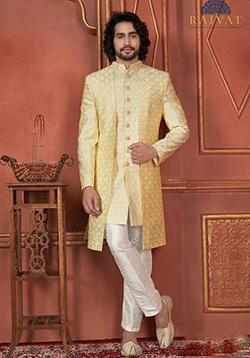 Yellow Embroidered Silk Indo Western Sherwani Set For Men