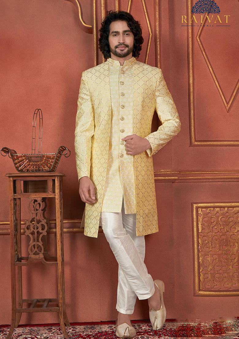 Yellow Embroidered Silk Indo Western Sherwani Set For Men