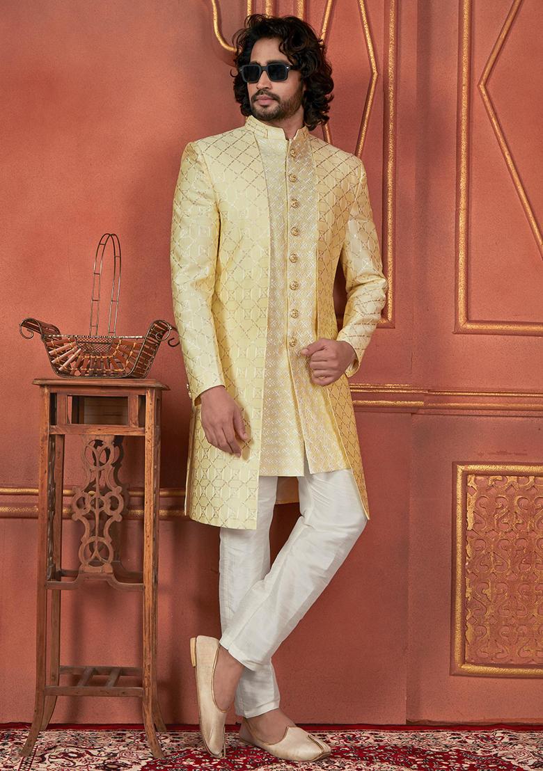 Yellow Embroidered Silk Indo Western Sherwani Set For Men
