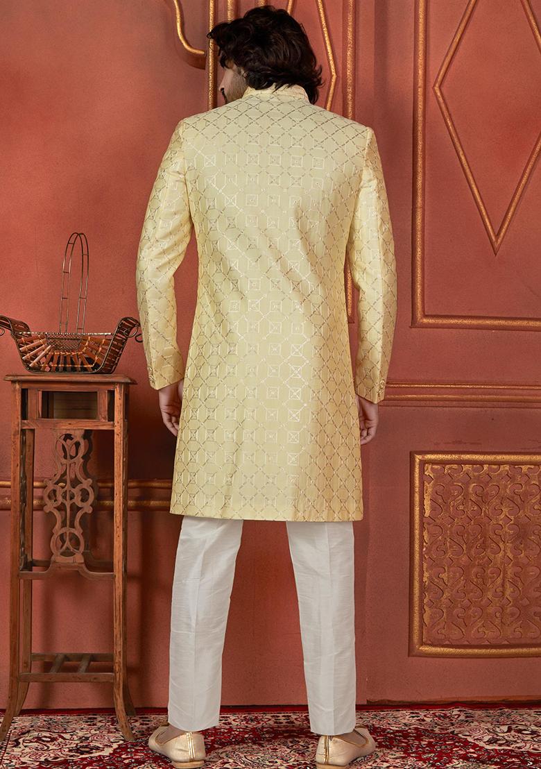 Yellow Embroidered Silk Indo Western Sherwani Set For Men
