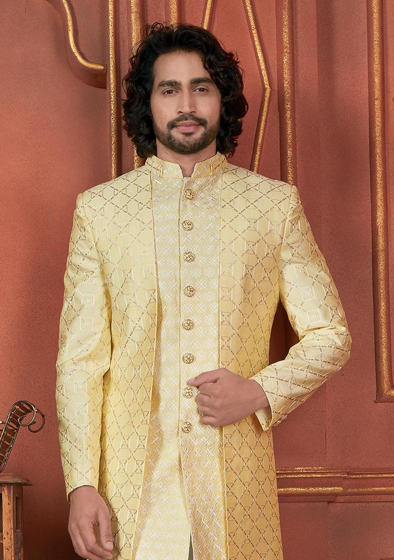 Yellow Embroidered Silk Indo Western Sherwani Set For Men