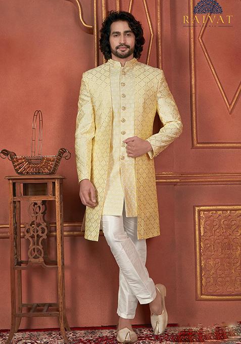 Yellow Embroidered Silk Indo Western Sherwani Set For Men