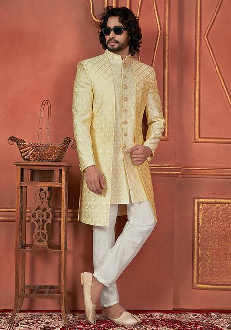 Yellow Embroidered Silk Indo Western Sherwani Set For Men