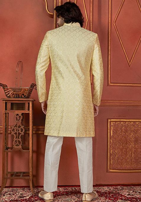 Yellow Embroidered Silk Indo Western Sherwani Set For Men