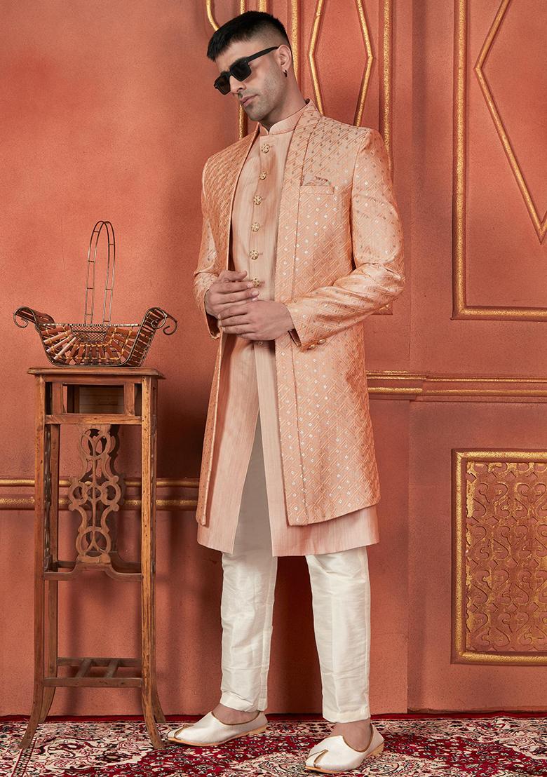 Orange Embroidered Silk Indo Western Sherwani Set For Men