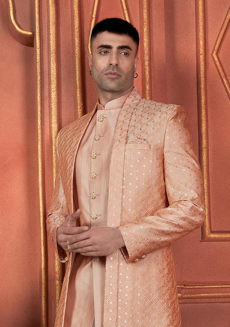 Orange Embroidered Silk Indo Western Sherwani Set For Men