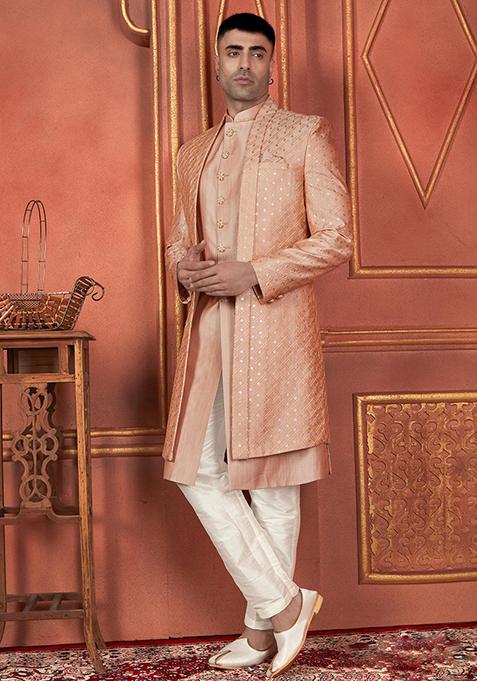 Orange Embroidered Silk Indo Western Sherwani Set For Men — view on Indya
