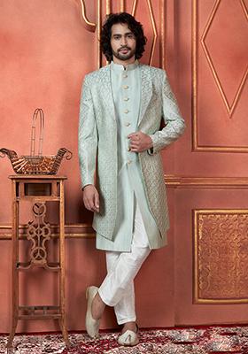 Pista Green Embroidered Silk Indo Western Sherwani Set For Men
