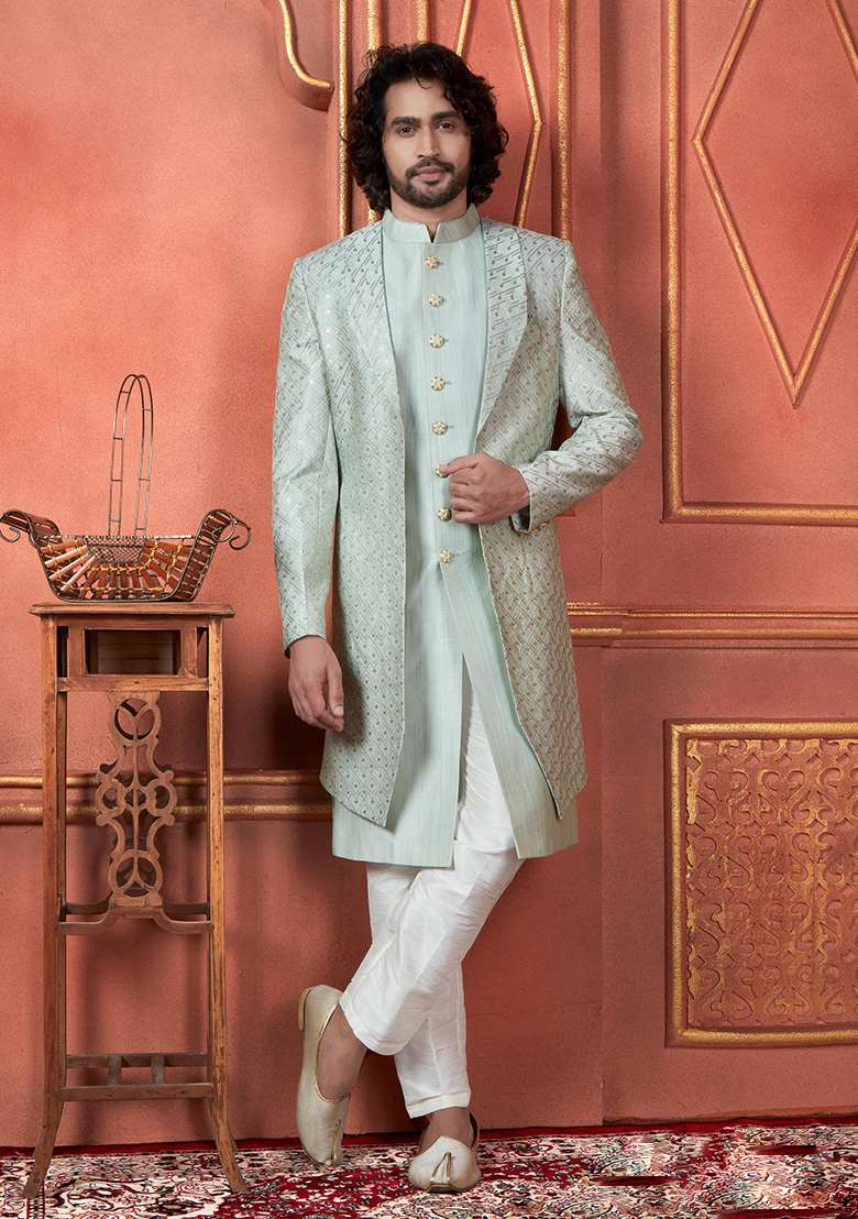 Pista Green Embroidered Silk Indo Western Sherwani Set For Men - Indya