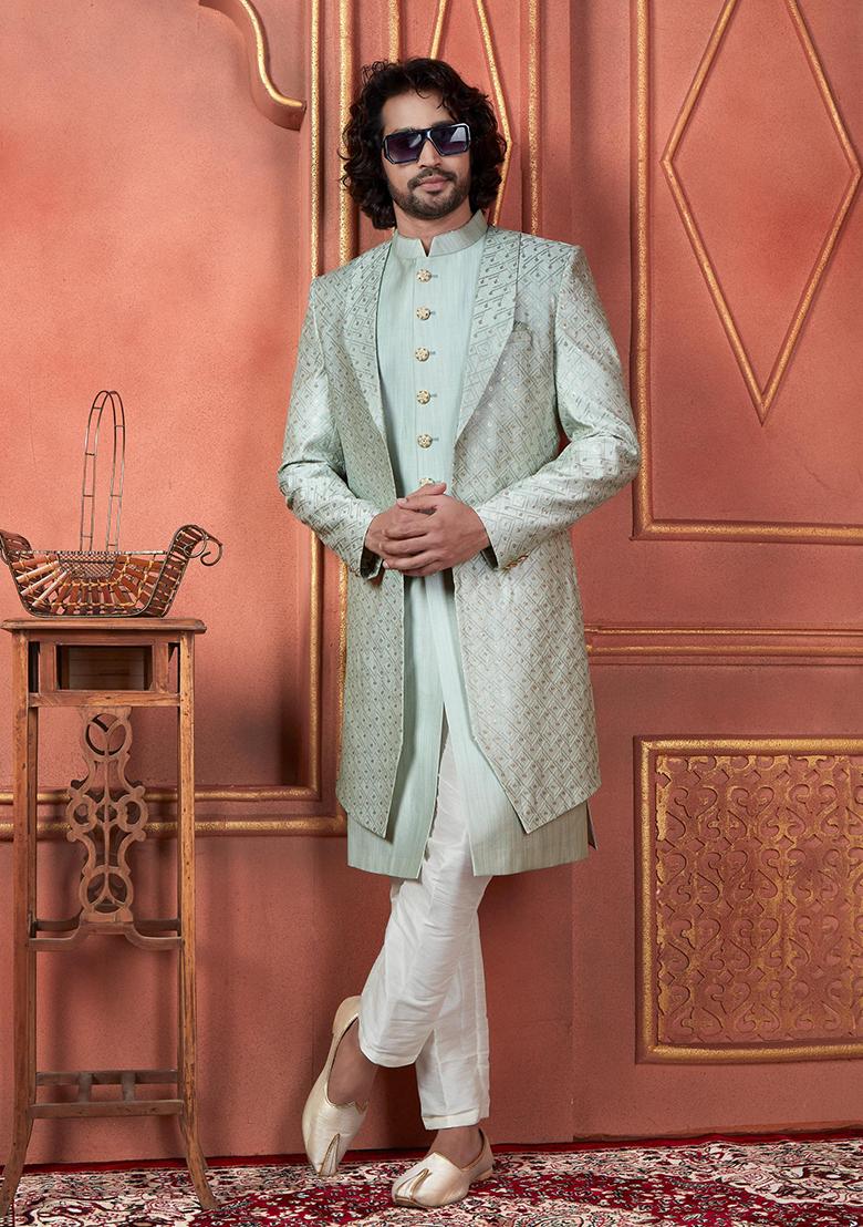 Pista Green Embroidered Silk Indo Western Sherwani Set For Men