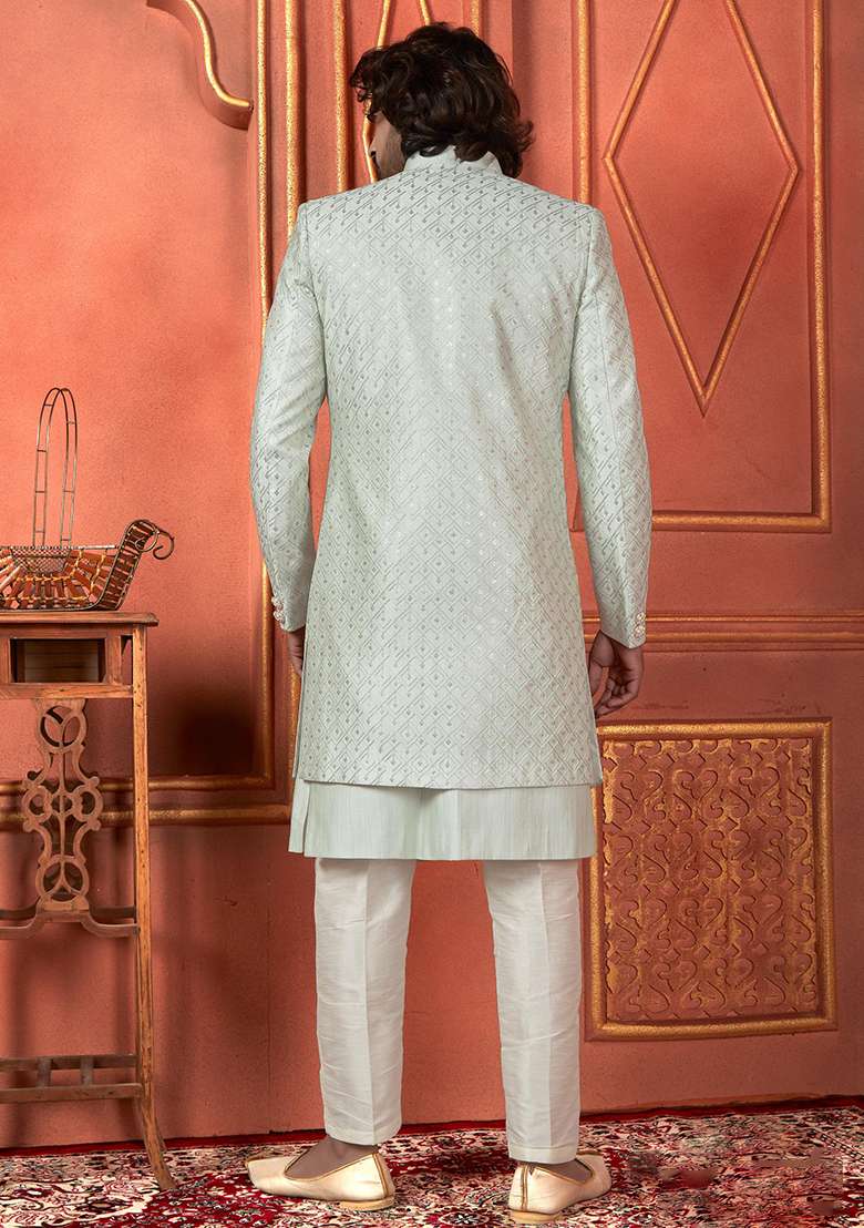 Pista Green Embroidered Silk Indo Western Sherwani Set For Men - Indya