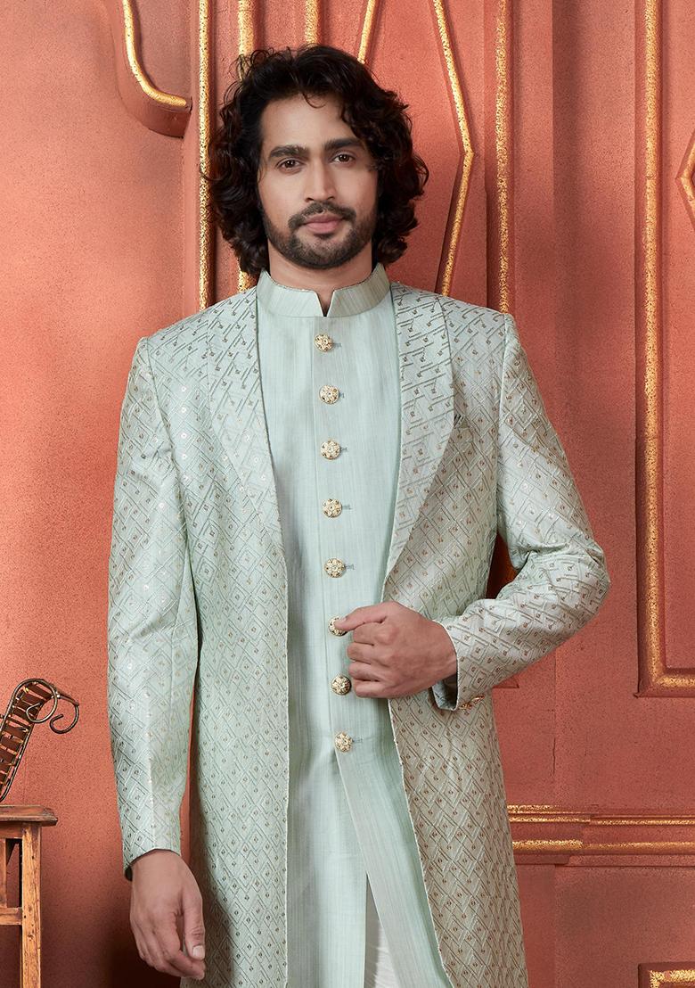 Pista Green Embroidered Silk Indo Western Sherwani Set For Men