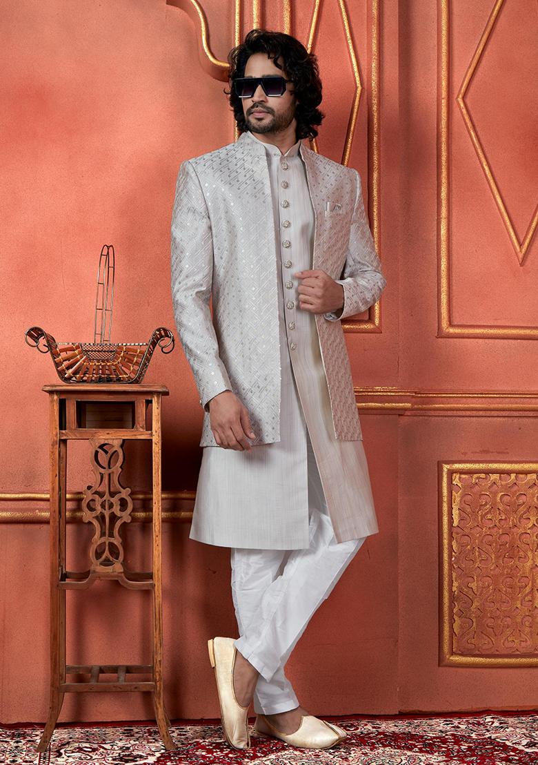Grey Embroidered Silk Indo Western Sherwani Set For Men