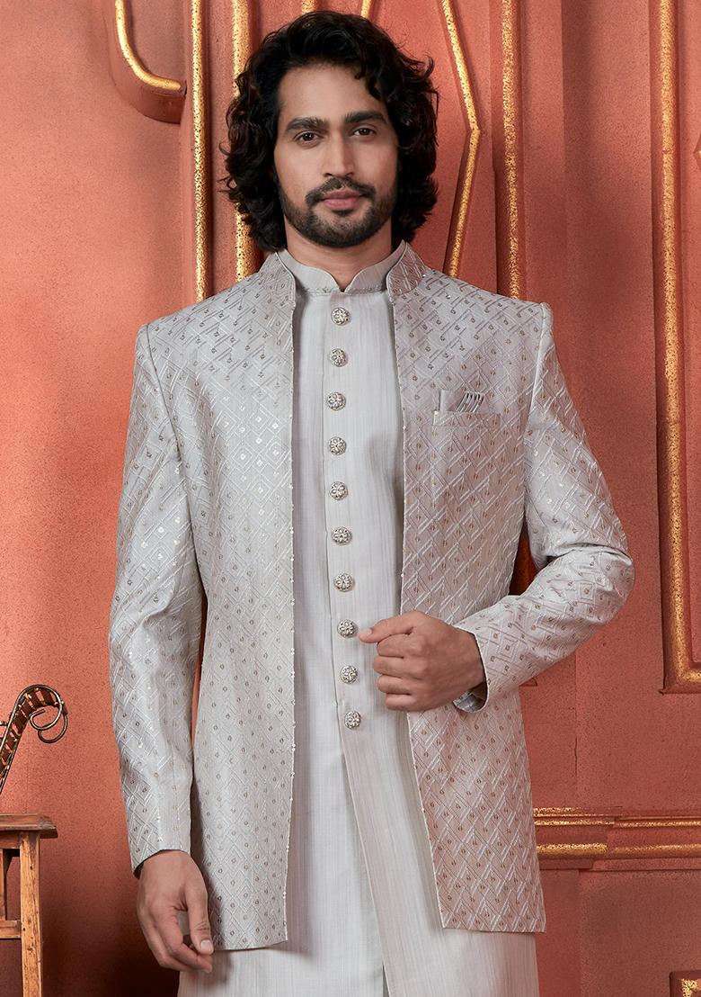 Grey Embroidered Silk Indo Western Sherwani Set For Men