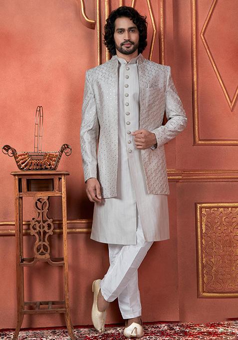 Grey Embroidered Silk Indo Western Sherwani Set For Men