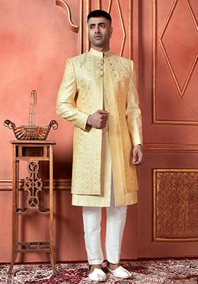 Yellow Embroidered Silk Indo Western Sherwani Set For Men