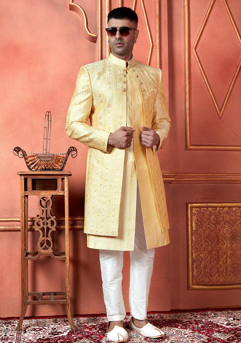 Yellow Embroidered Silk Indo Western Sherwani Set For Men