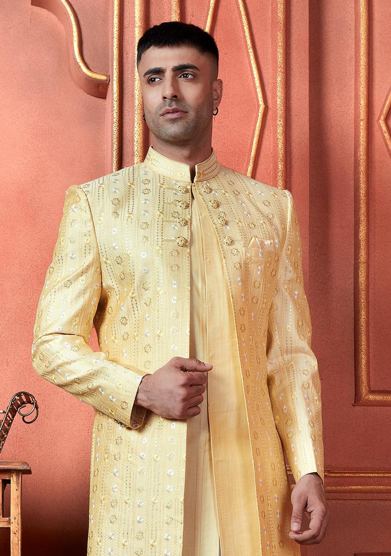 Yellow Embroidered Silk Indo Western Sherwani Set For Men