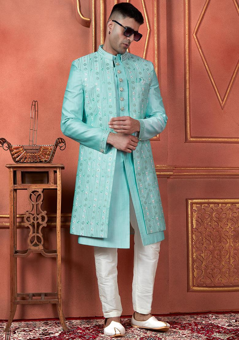 Pista Green Embroidered Silk Indo Western Sherwani Set For Men