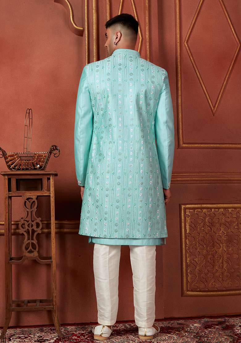 Pista Green Embroidered Silk Indo Western Sherwani Set For Men - Indya