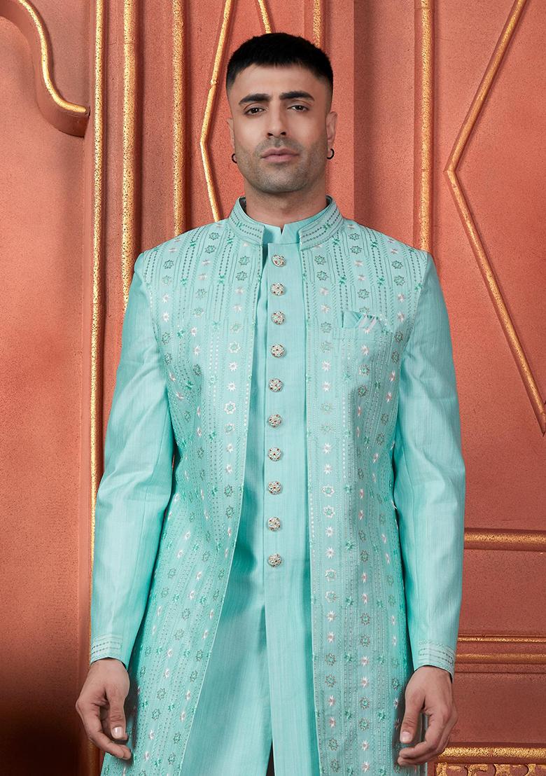 Pista Green Embroidered Silk Indo Western Sherwani Set For Men