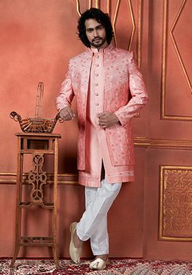 Pink Embroidered Silk Indo Western Sherwani Set For Men