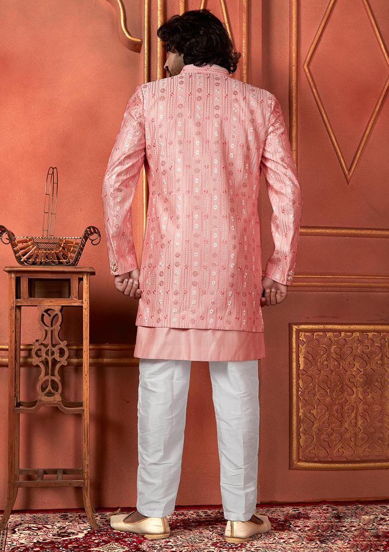 Pink Embroidered Silk Indo Western Sherwani Set For Men