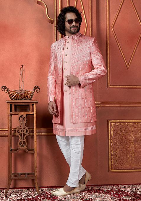 Pink Embroidered Silk Indo Western Sherwani Set For Men