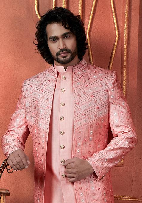 Pink Embroidered Silk Indo Western Sherwani Set For Men