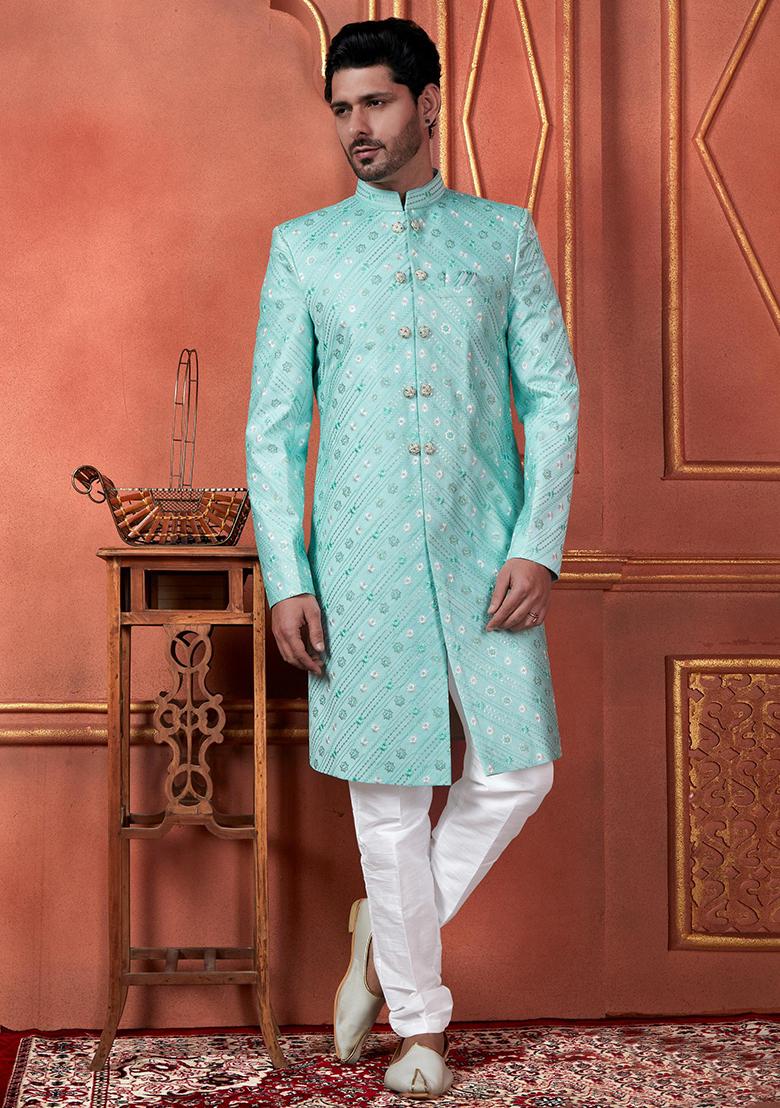 Green Embroidered Silk Indo Western Sherwani Set For Men