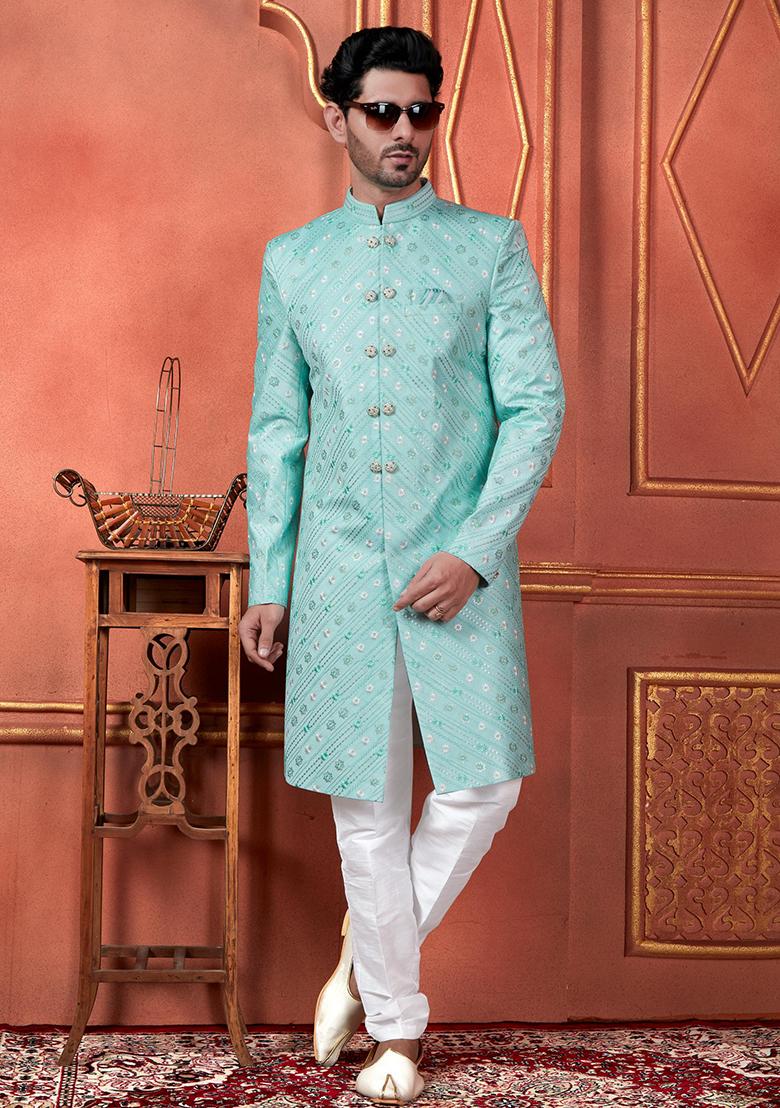 Green Embroidered Silk Indo Western Sherwani Set For Men