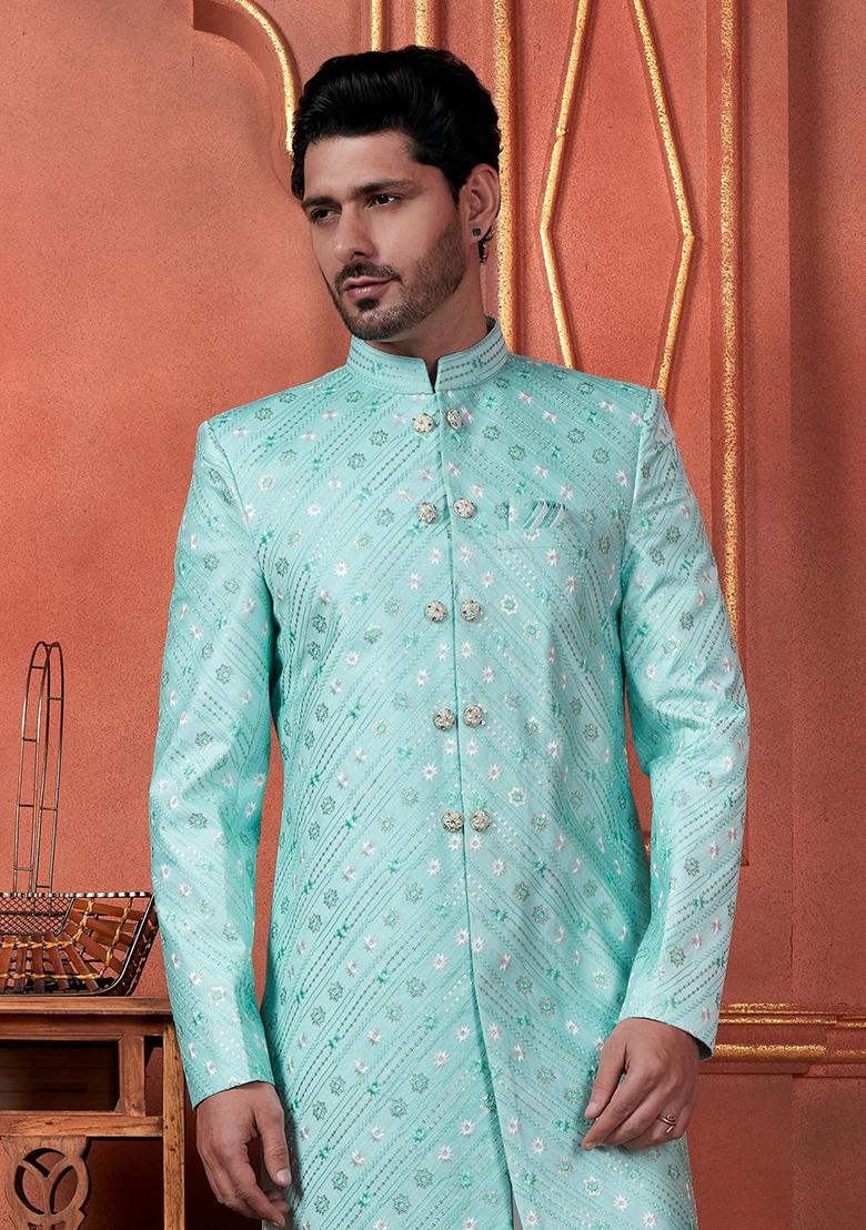 Green Embroidered Silk Indo Western Sherwani Set For Men